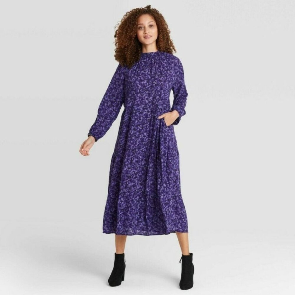 A New Day Womens Peasant‎ Dress Shirred Mock Neck Purple Floral XXL NWT NW